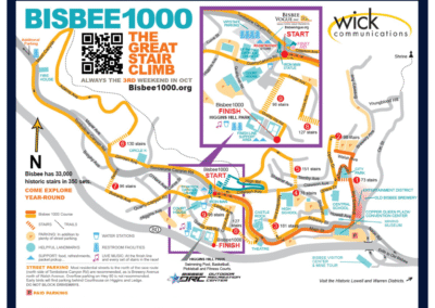 Bisbee stairways map highlighting interconnected stair routes and pathways used in the Bisbee 1000 stair climb through the steep hillside neighborhoods of Old Bisbee, Arizona.